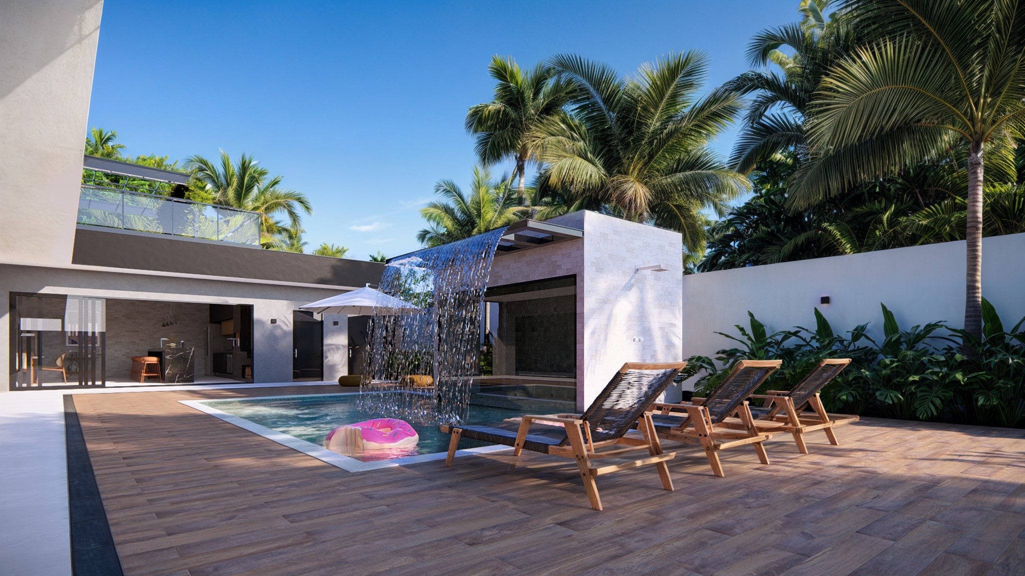 Projeto arquitetônico em Araçatuba/SP — área externa com piscina e cascata